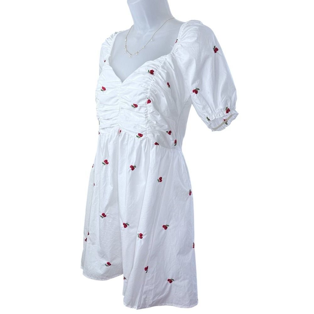 Cider White Puff Sleeve Cherry Embroidered‎ Dress - Size M - Picture 3 of 6
